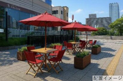 萬代橋のたもとにオープンテラス設置　飲食店と連携しオープンカフェ営業も
