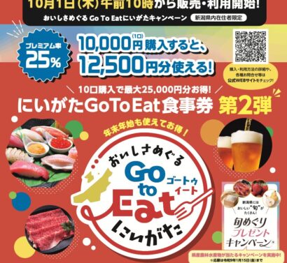 【購入上限10口に】Go To Eatにいがた第2弾、10月1日から販売開始