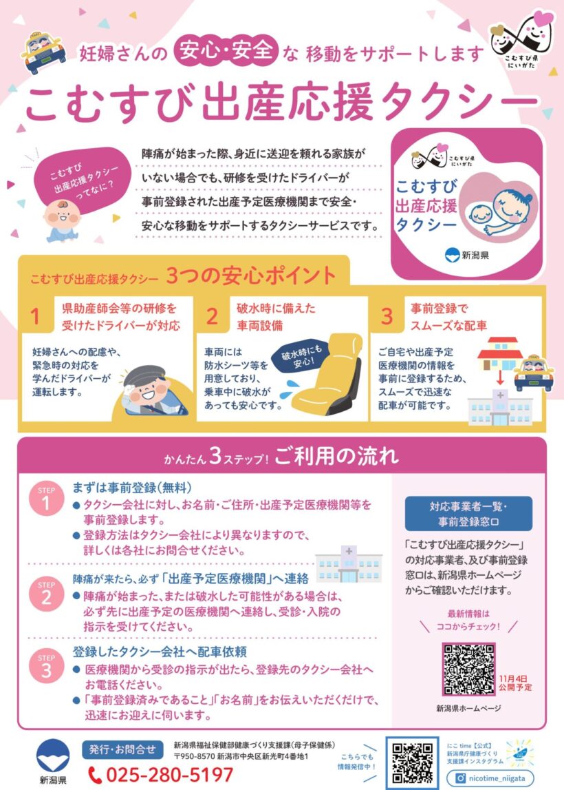 『こむすび出産応援タクシー』のチラシ(新潟県の報道資料より)